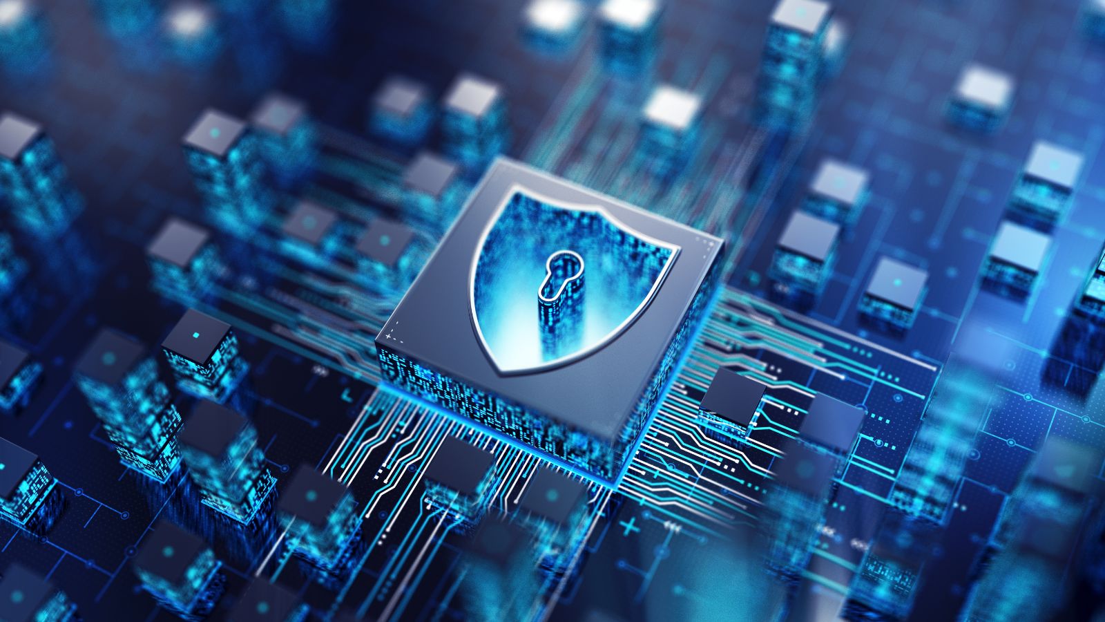 Cyber Security Summit Photo. There is a digital background with white blocks and blue towers and a silver CPU with a blue shield on the top. Cyber Security Summit Photo. There is a digital background with white blocks and blue towers and a silver CPU with a blue shield on the top.