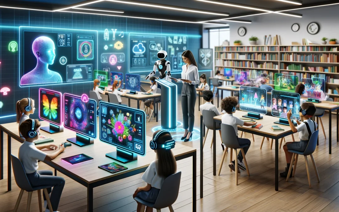 DALL·E 2024 12 15 20.47.15 A futuristic classroom with interactive learning stations powered by AI, featuring touch screen panels, holographic displays, and virtual reality head