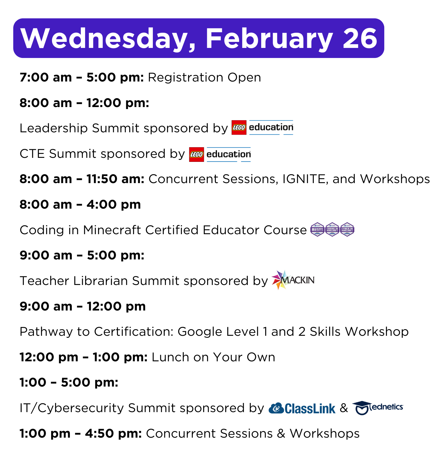 1 Wednesday Schedule at a Glance